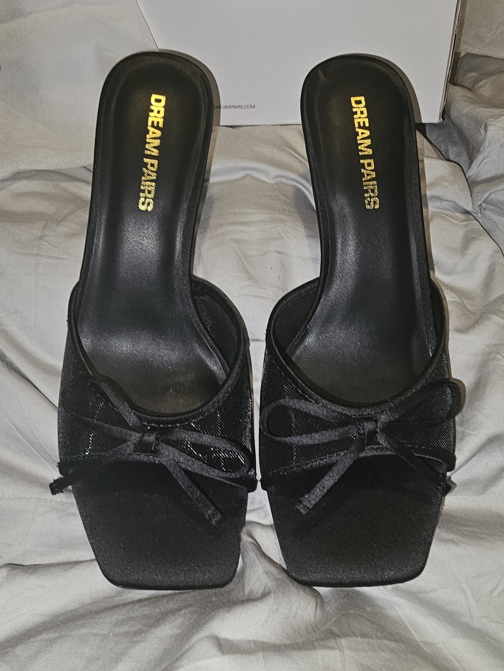 Dream Pairs Black Bow Square-Toe Slide Heels